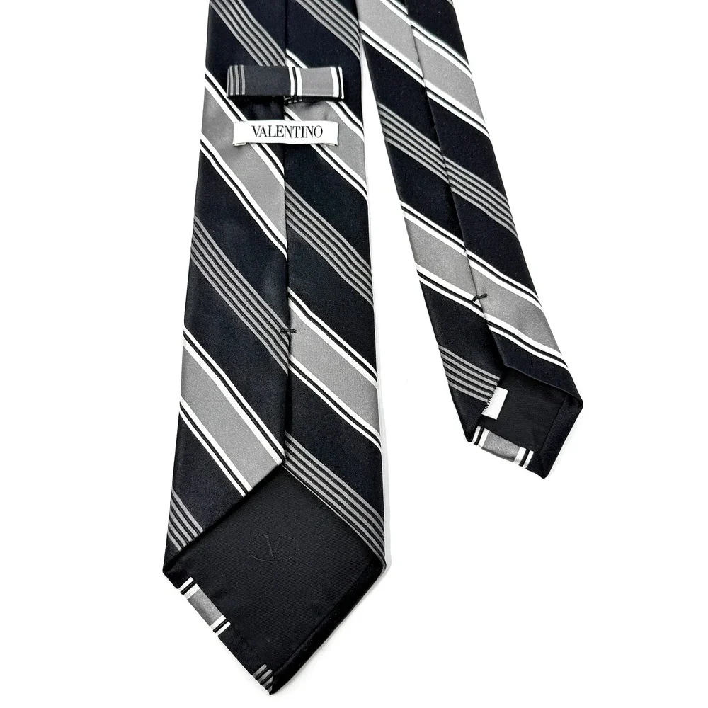 Valentino Repp Striped Silk Tie Black Gray White Tie 3.25